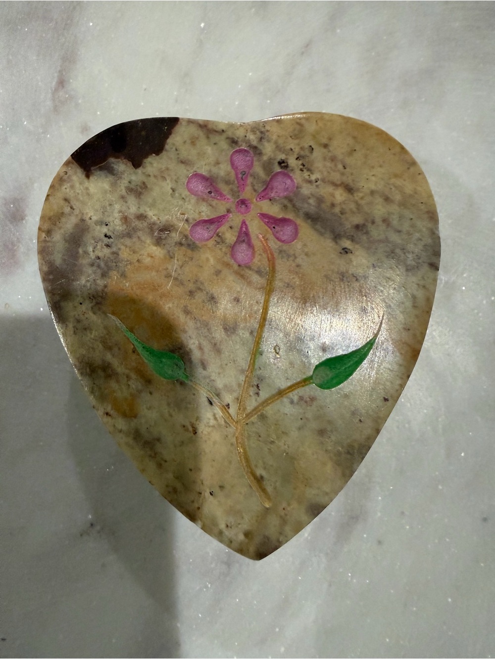 Handcrafted Heart-Shaped Stone Trinket Dish with Pink Floral Inlay